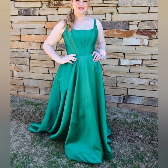 Mori Lee Matte Larissa Satin A-Line Dress in Emerald